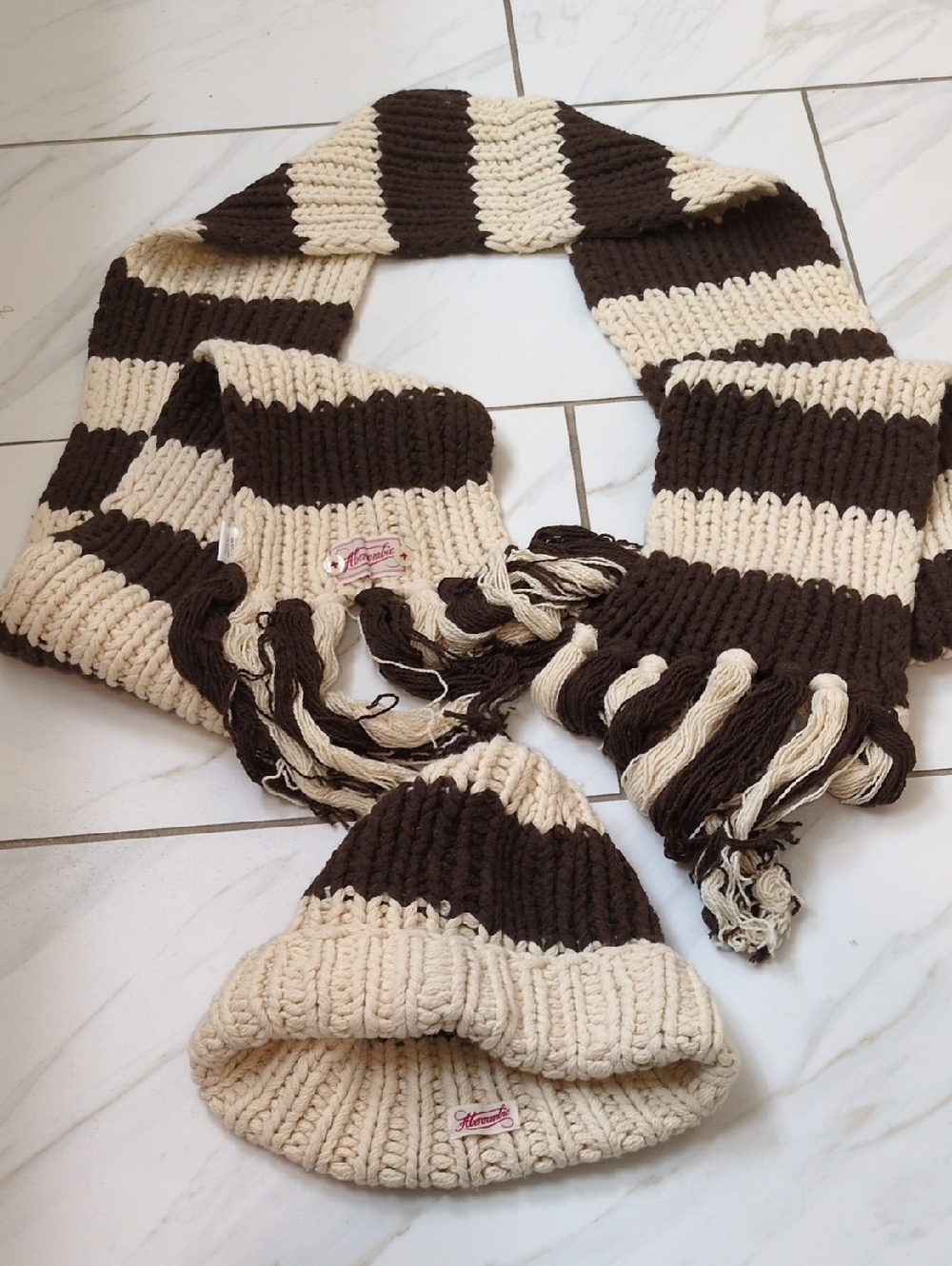 A & F Cream and Brown Striped Knit Scarf & Beanie Set